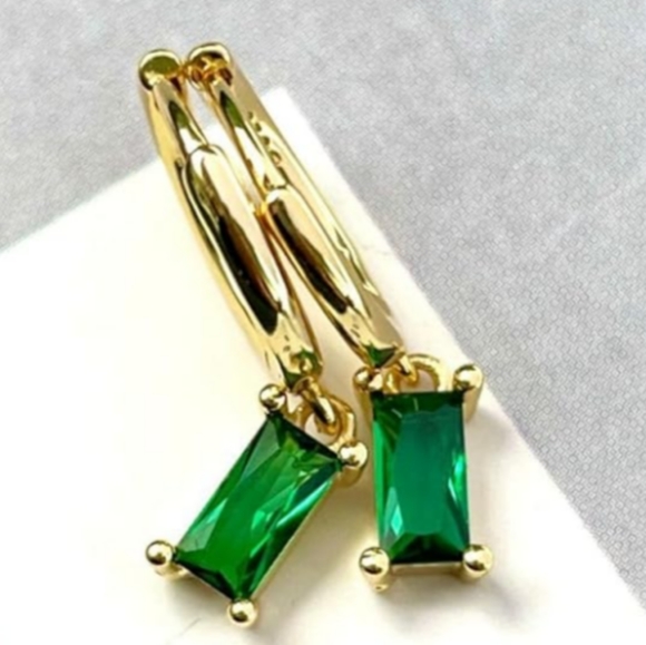 Emerald Crystal Rectangle Rhinestone Hoop Earrings Gold Mini Hoops CZ New - Picture 7 of 10